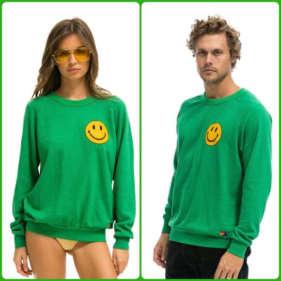 Aviator Nation Green Smiley Face Crewneck Sweatshirt Classic Logo Pullover - Picture 1 of 14